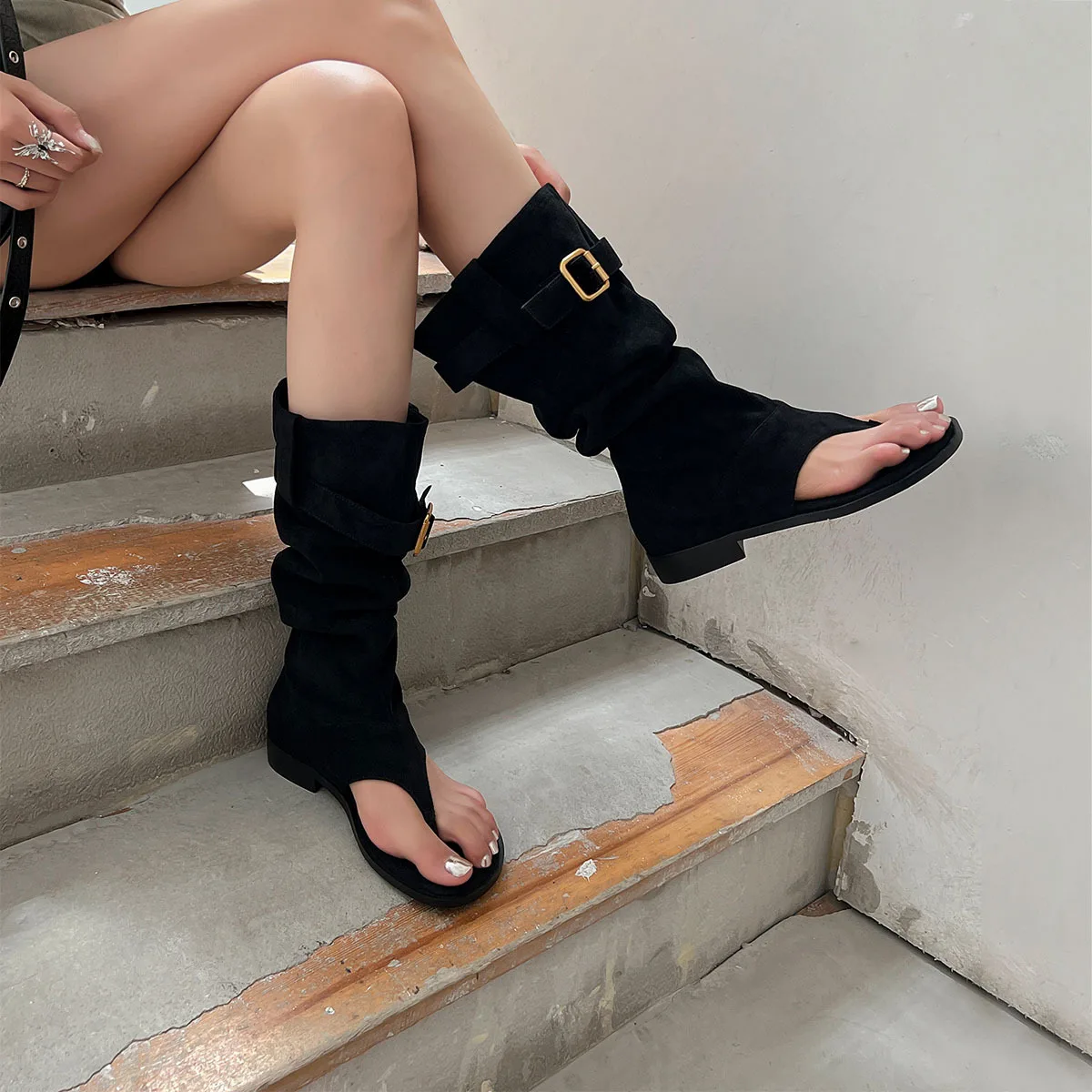 Arden Furtado Summer Suede Pinch Toe Knee high boots Round toe slip-on Low heel Belt buckle Cool boots Large size