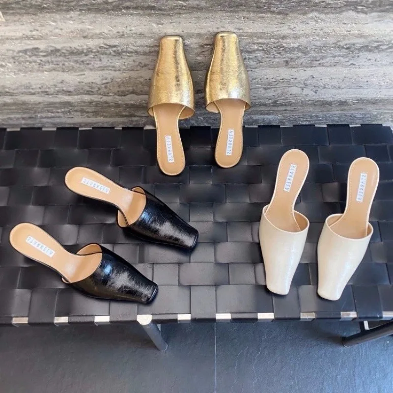 New Style Square Toe Slippers Women High Heels Kitten Sandals Shoes Mules Fashion Summer Leather Dress Pumps Casual Sandals