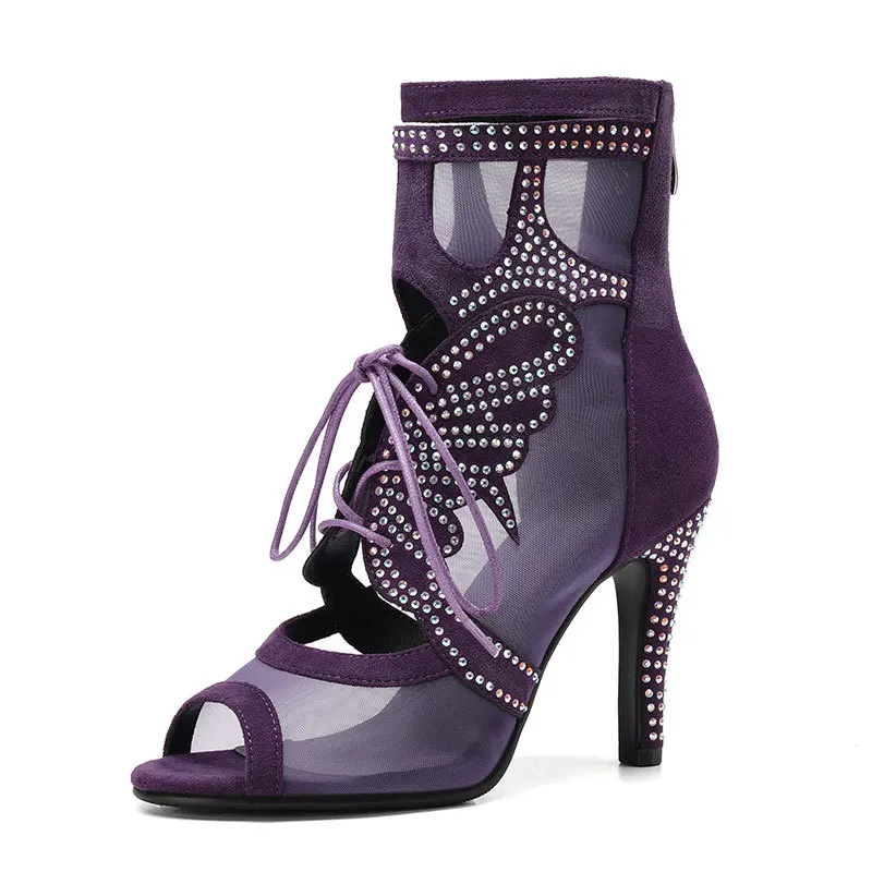 Purple Suede Butterfly Crystal Mesh Lace- Up Ankle Boots High Heel Woman Front Cutout Back Zipper Banquet Summer Boots Shoes