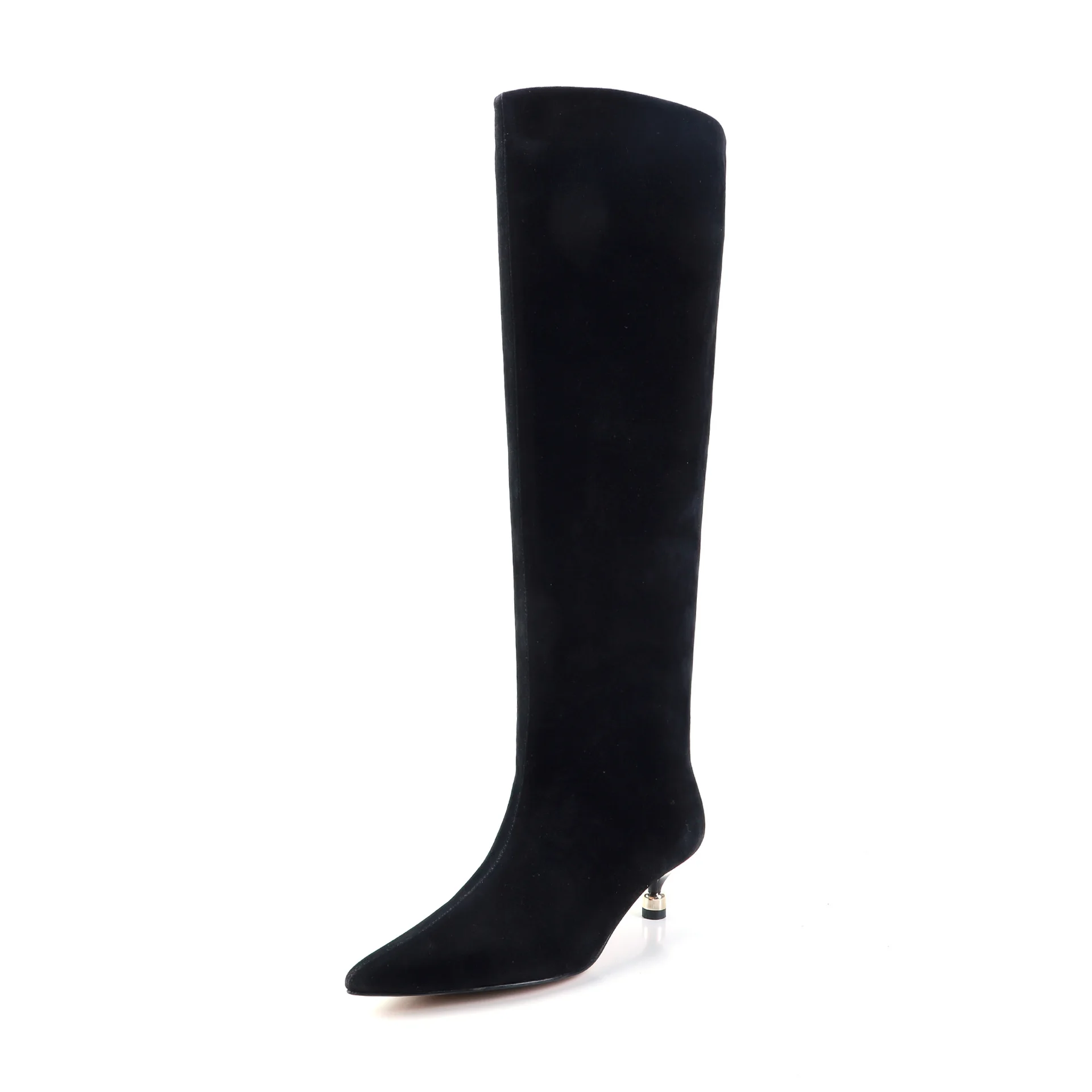 Arden Furtado Autumn Brown Suede Kitten Heel Modern Boots Pointed Toe Slip-On Knee High Boots Large Size Simple Style Boots
