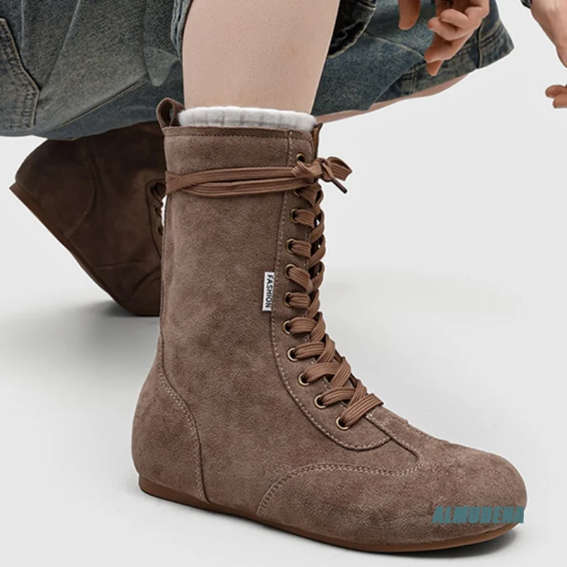 Men's Suede Mid-Calf Lace-Up Boots Round Toe Flat Heel Casual Daily Commute Autumn Winter Street Style Fashion Shoes 2026 New