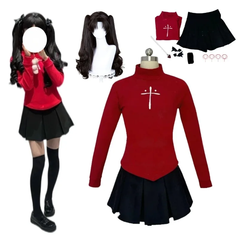 Anime Tohsaka Rin Cosplay Costume Red Top Black Skirt Accessories Suit for Women Halloween Carnival Party Roleplay Outfits