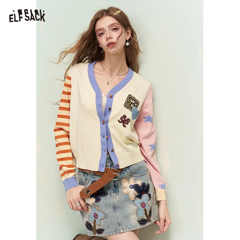 ELFSACK Asymmetrical Knit Cardigan with Patch Embroidery, Cute Casual Sweaters with Jacquard Sleeves, Cream Tops for Women