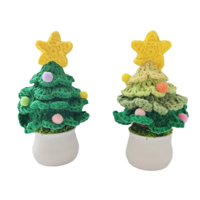 Creative Knit Christmas Tree Potted Mini Handmade Crochet Plant Ornaments Car Home Decor Christmas Accessories