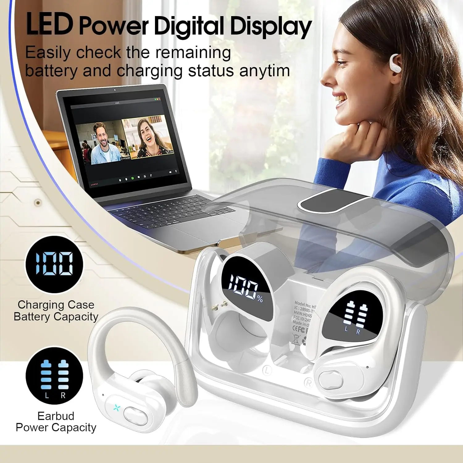 Sports Wireless Earphones with Mics,Button Control, LED Power Display,Hifi Stereo Sound Bluetooth 5.4 TWS Headphones for Cycling