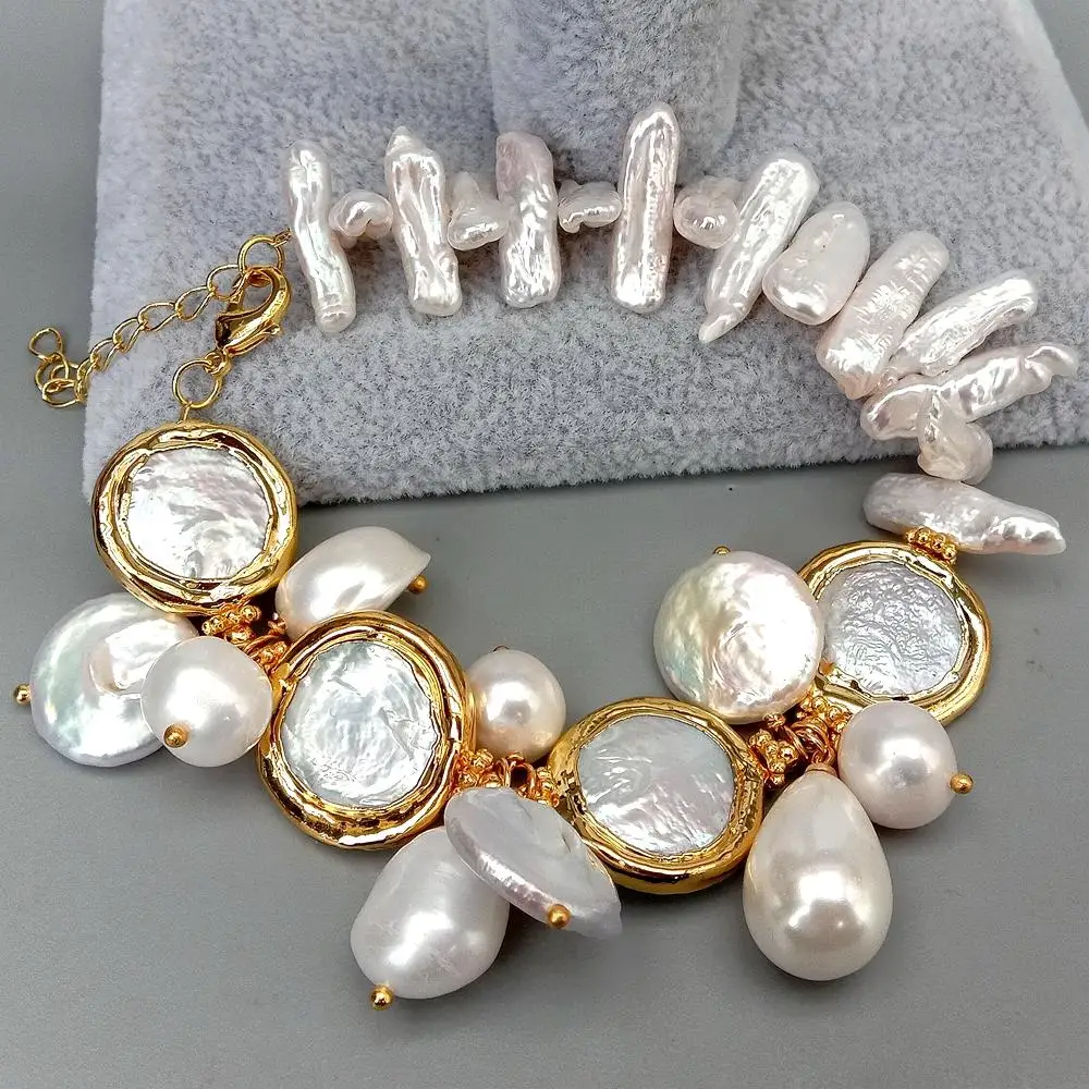 YYGEM Natural Freshwater White Biwa Pearl Coin Keshi Pearl Sea Shell Pearl Bracelet 8