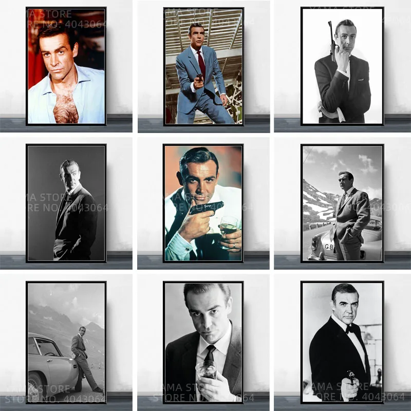 Sean Connery Hot Movie Star Classic Characters Black White, Print Art Canvas Poster, For Living Room Decor Home Wall Picture