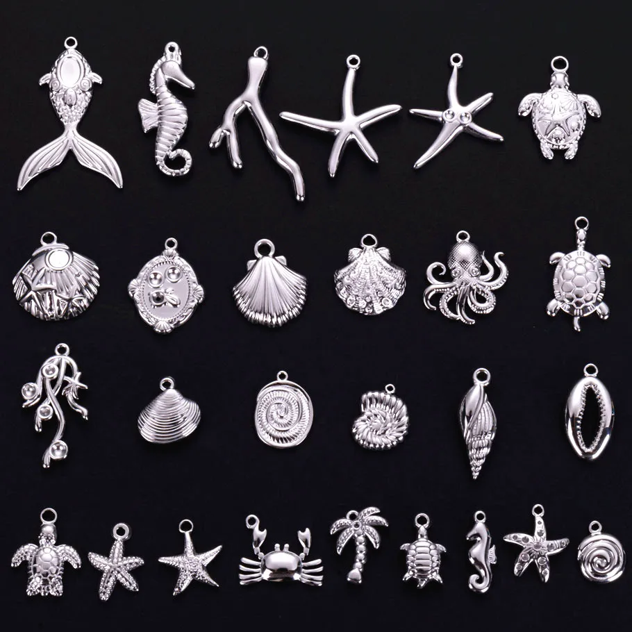 5pcs/Lot Personality Sea Animal Charm Starfish Turtle Conch Shell Stainless Steel Pendants For Jewelry Making Supplies Findings