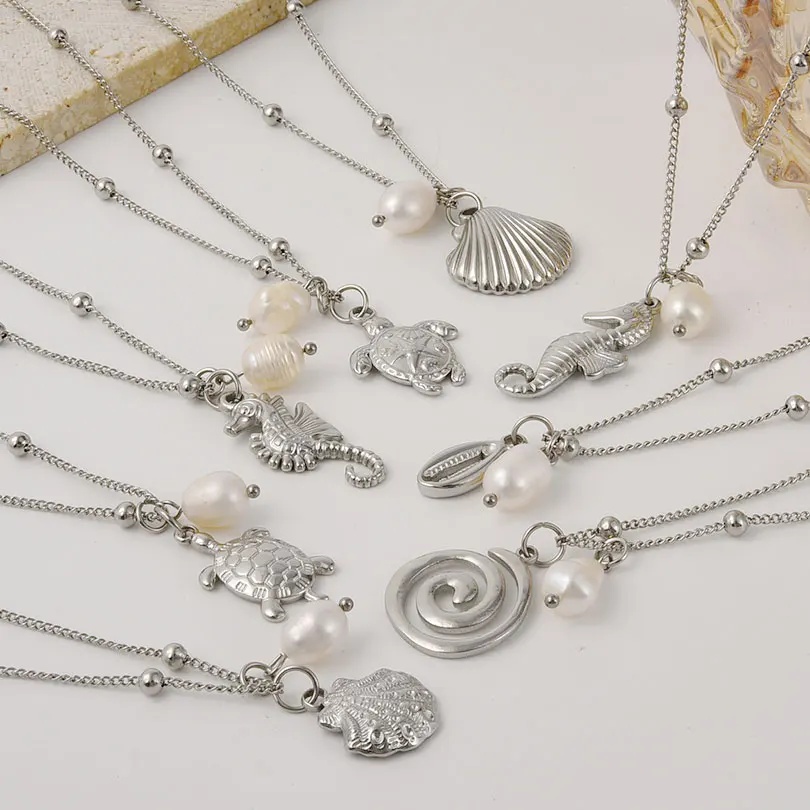 Fashion Sea Necklace Stainless Steel Shell Tortoise Seahorse Pendant Necklaces For Women Men Adjustable Bead Chain On The Neck