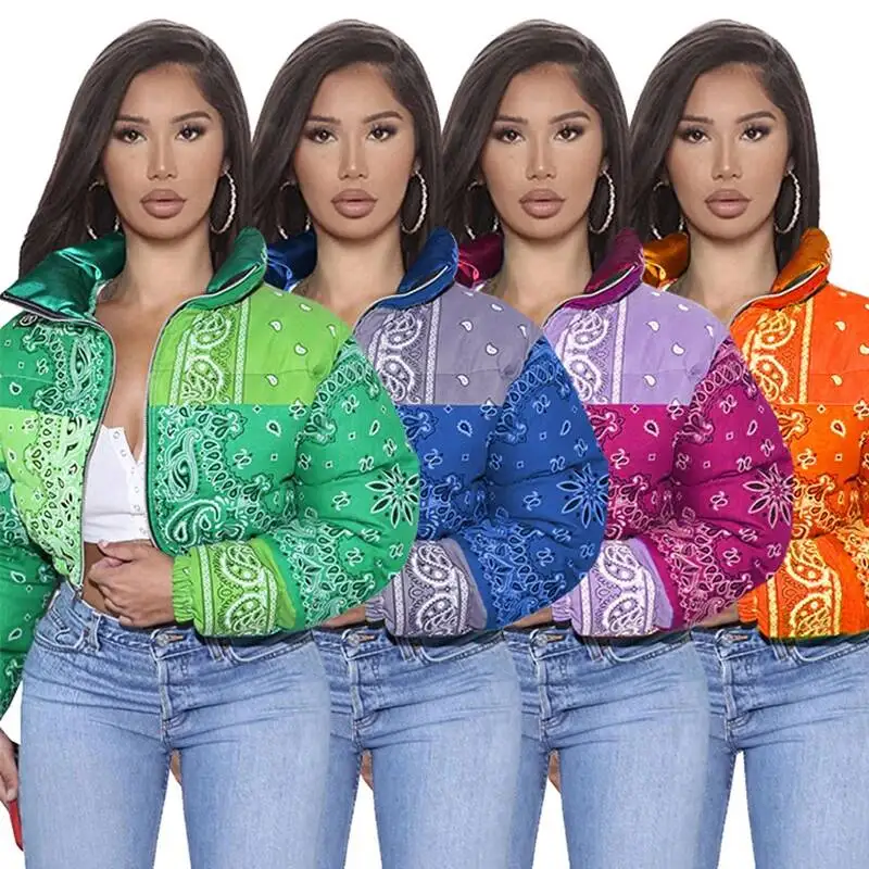 Bandana Puffer Coat For Women Paisley Print Bubble Cropped Jacket 2026 Winter Clothes Parkas Casual Warm Ladies Outerwear
