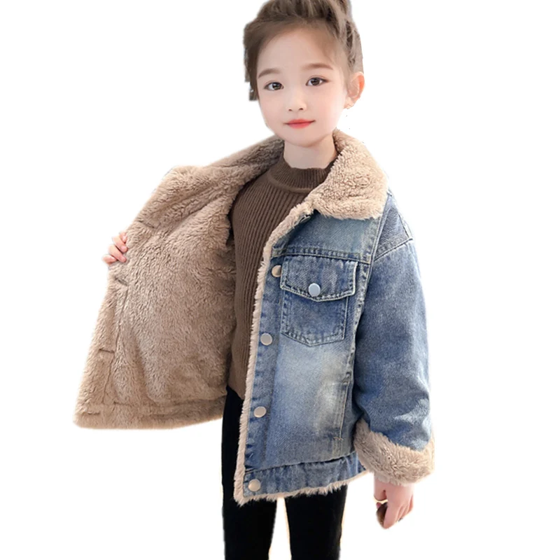 Toddler Winter Clothes Denim Jacket with Real Fur Coat Baby Wool Plus Velvet Thick Warm Parka for Baby Girls Outerwear 2-9 Years