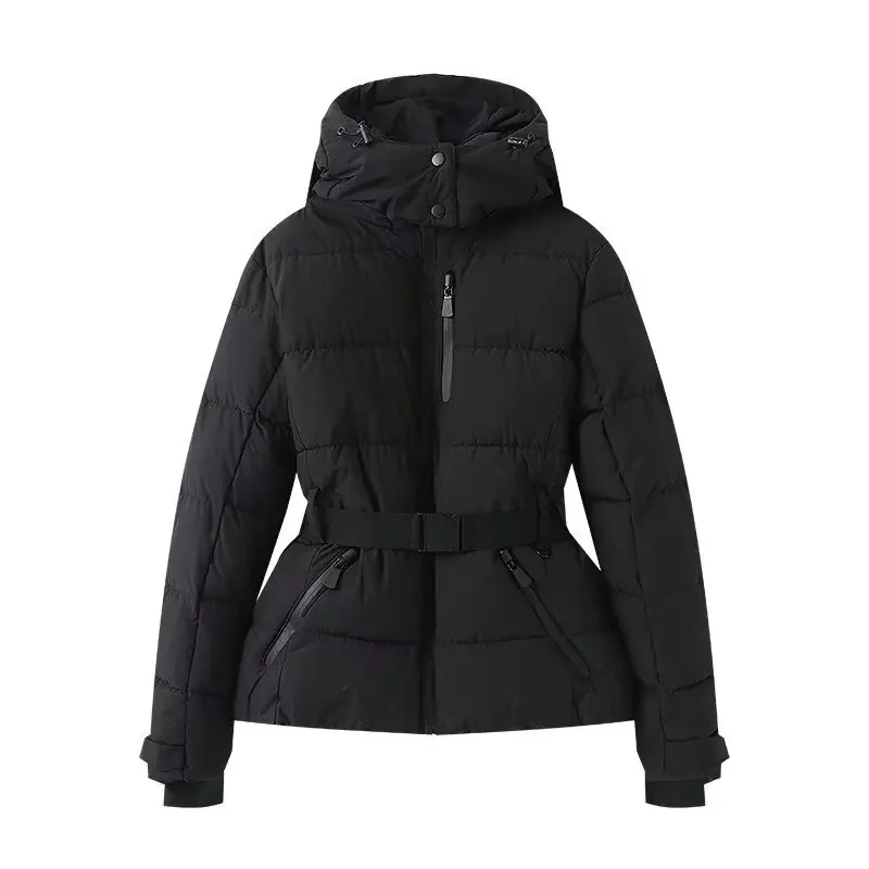 Winter Hooded High Waist Padded Sport Parkas Coats with Belt Female Elegant Thick Warm Pockets Windproof Skiing Jackets 2025