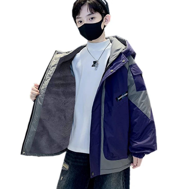 School Boy Thicken Parkas Warm Winter Jacket Cashmere Lined Outerwear For Children Insulated Hooded Over Coat With Zipper 5-14Y