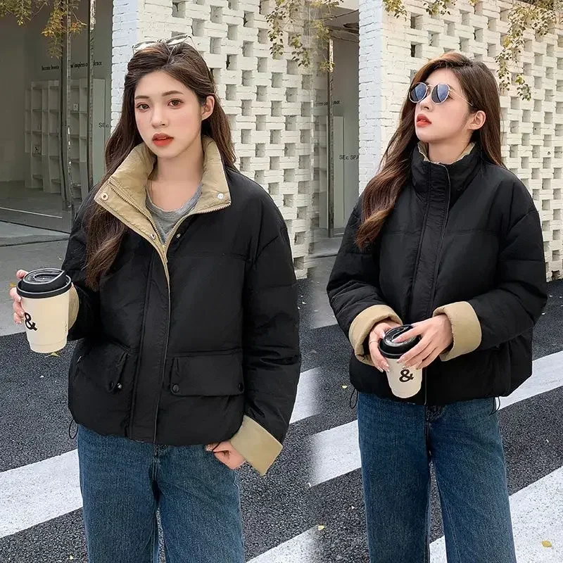 Winter Cotton Coat Women Puffer Jacket Short Blouse Tops Warm Windproof Patchwork High-end Design Parkas Zipper Black Outerwear