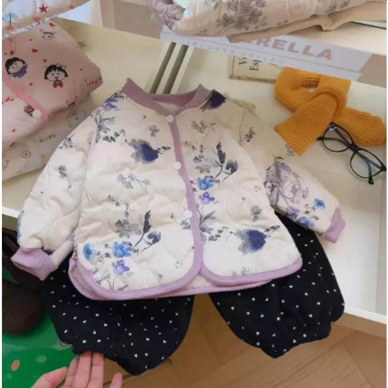 Korean Kids Boutique Clothing Down Jacket Coat Autumn Winter New Floral Printed Fashion Plaid O-neck Cotton Coat Warm Cute