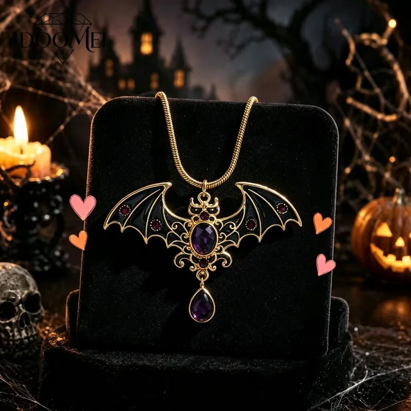 DOO MEI Halloween Black Bat Ghost Pendant Necklace for Women Gothic Purple Crystal Rhinestone Necklace Party Festival Jewelry