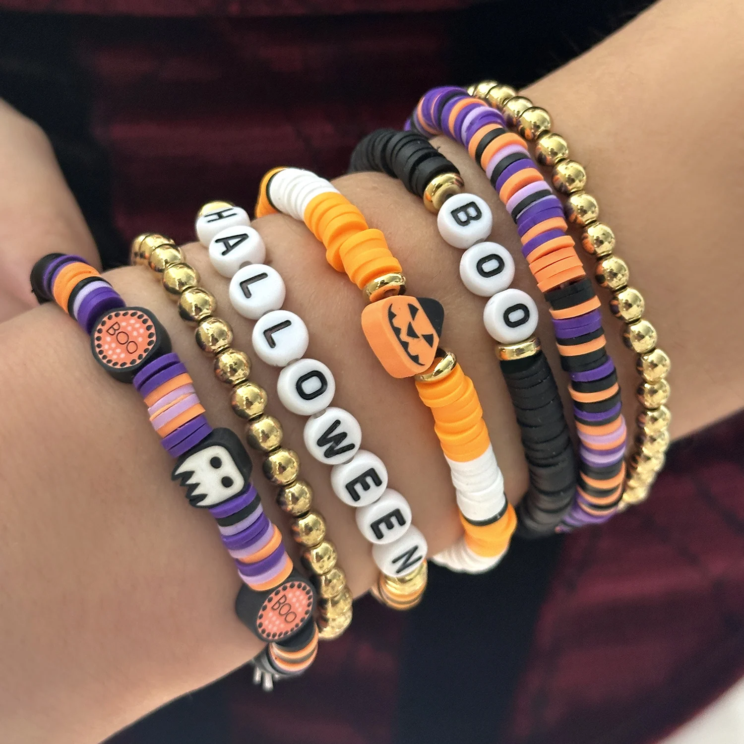 Halloween Spider Bat Multi-layer Stacked Bracelets Set for Women Pumpkin Boo Rice Beaded Bracelets Party Festival Jewelry Gifts
