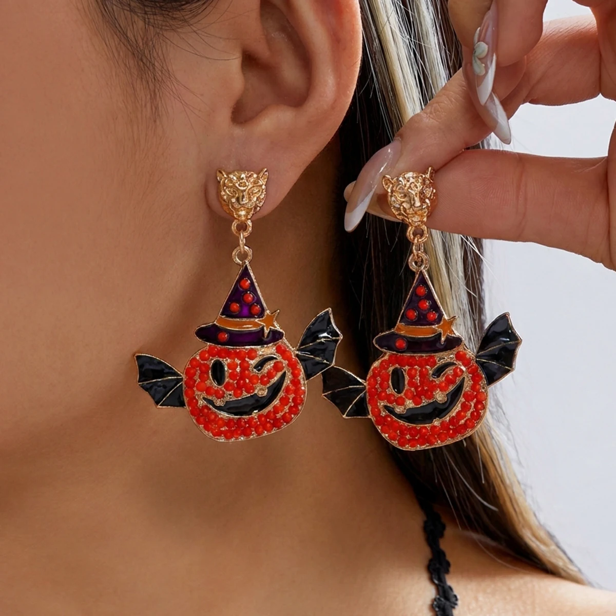 Halloween Rhinestone Pumpkin Drop Earrings For Women Spooky Bat Wing Witch Hat Dangle Earring Party Festival Cosplay Jewelry
