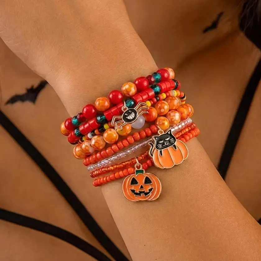 Halloween Pumpkin Spider Bat Beaded Bracelet Set for Women Spooky Stretch Bracelet Stack Festival Party Jewelry Gifts