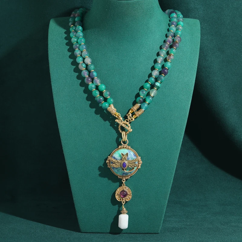 Vintage Green Blue Layered Necklaces Gradient Natural Stone Beads Pendent Gold Plated Relief Bat Women Music Festival Jewelrys
