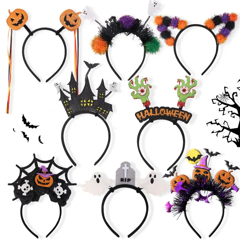 Halloween Headband Pumpkin Skull Spider Web Bat Tombstone Ghost Black Orange Women Party Costume Cosplay Hair Accessories Gift