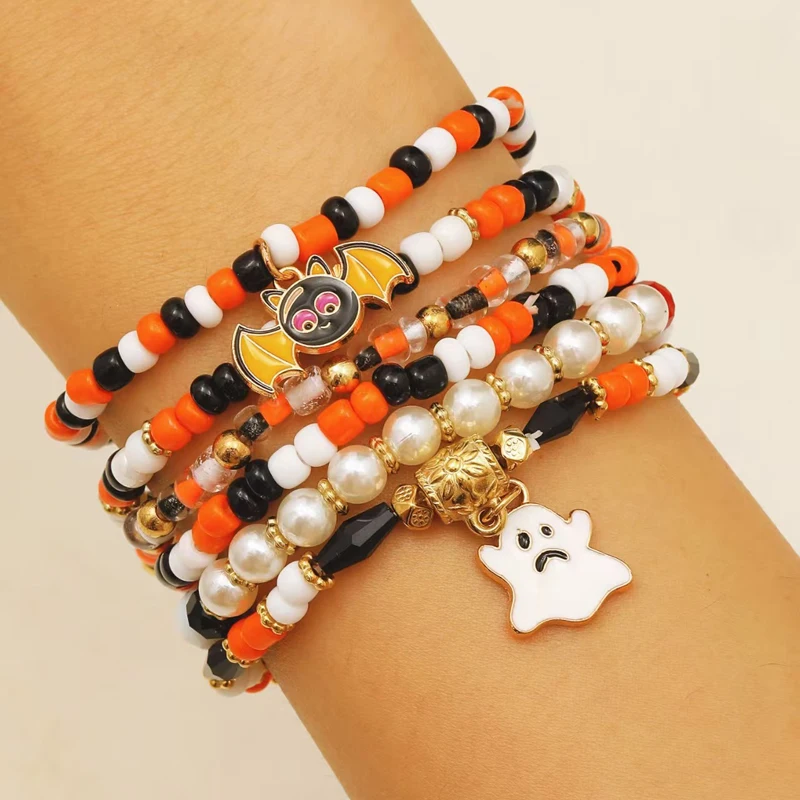 English: Halloween Multi - Layered Beaded Bracelets Set Bat Ghost Pendant Elastic Stackable Party Festival Jewelry for Women