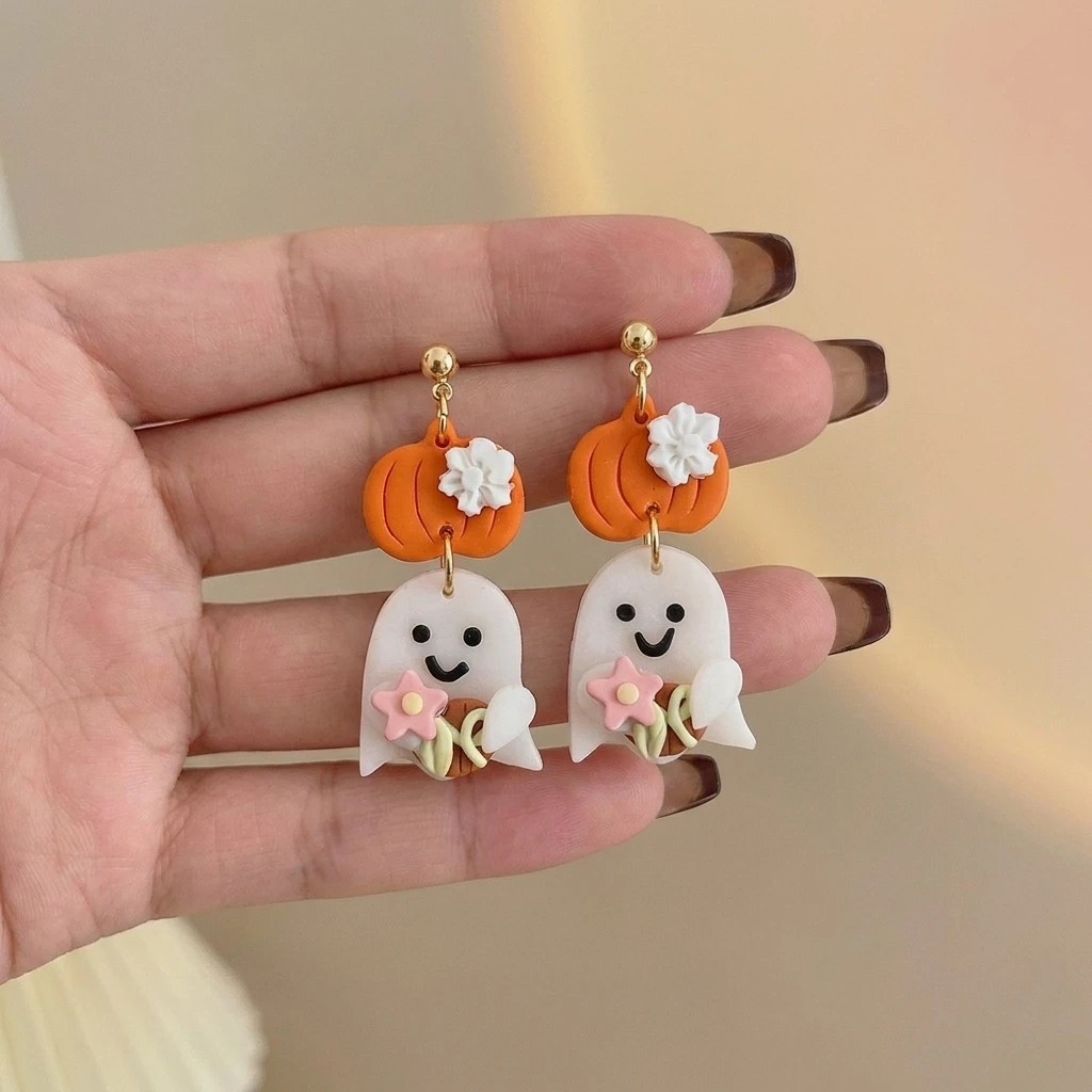 Creative Halloween Ghost Pumpkin Dangle Earrings for Women Lightweight Cartoon Bat Cat Flower Earrings Festival Jewelry Gifts