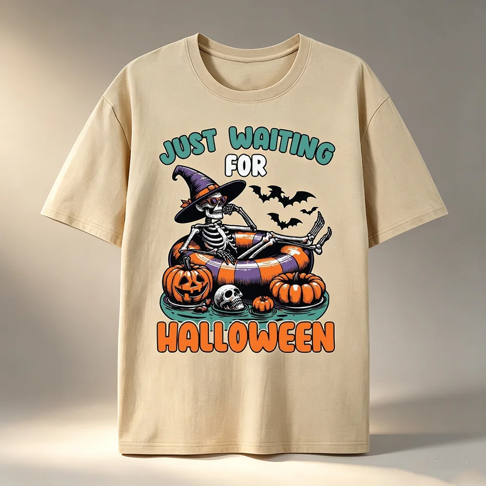 Halloween Skeleton Pumpkin Bat Print T‑Shirt Unisex Just Waiting For Halloween Graphic Casual Short Sleeve Autumn Holiday Tee