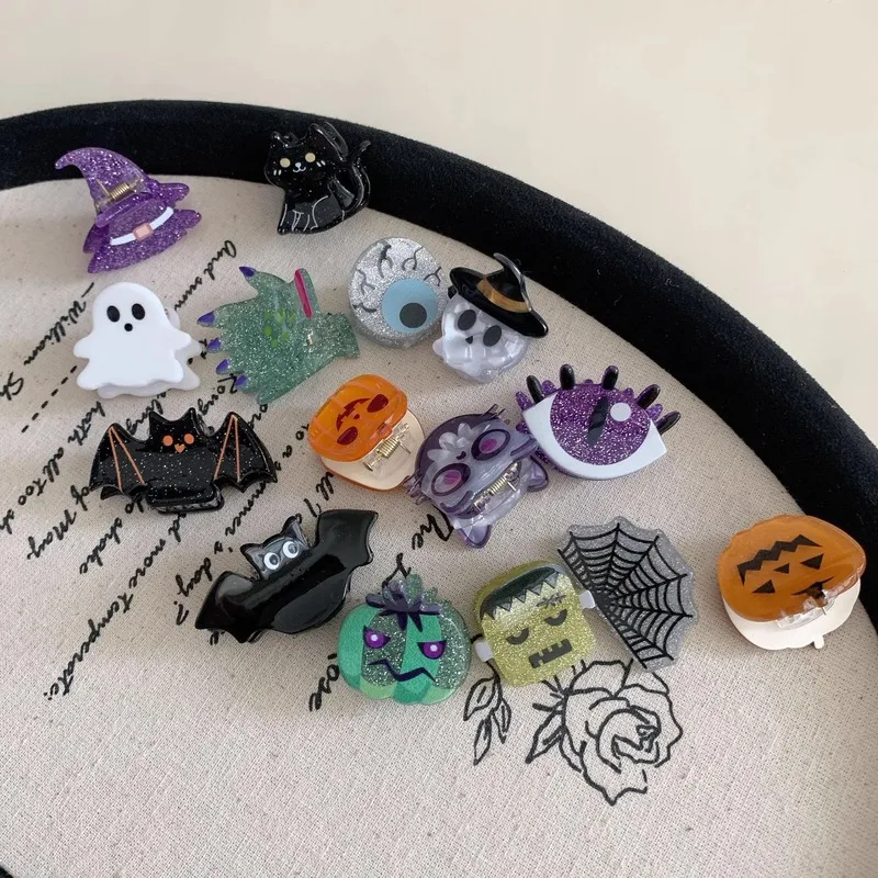 Acrylic Halloween Ghost Pumpkin Bat Spider Web Witch Hat Skull Funny Hair Claw Clips Party Costume Cosplay Hair Accessories Gift