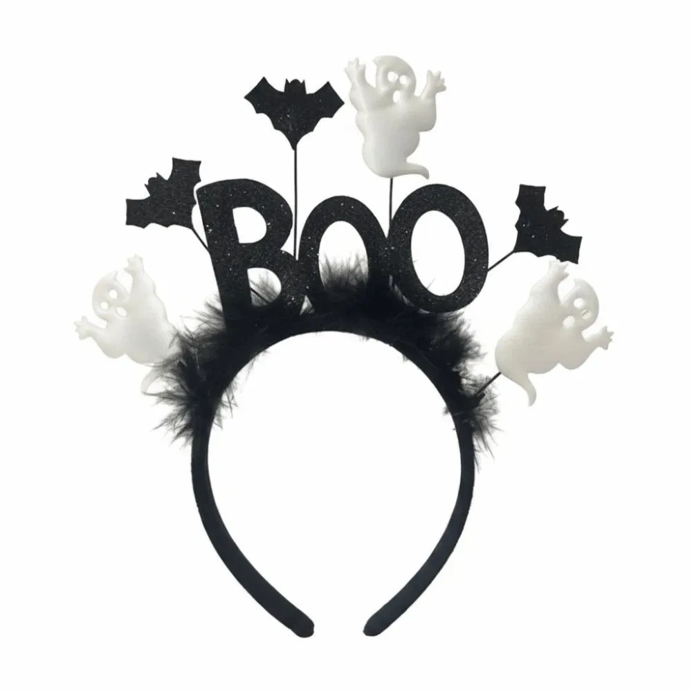 Shiny Glitter Halloween Boo Headband Bat Wings White Ghost Spooky Hair Hoop Fine Details Comfortable Fit Festival Headpiece