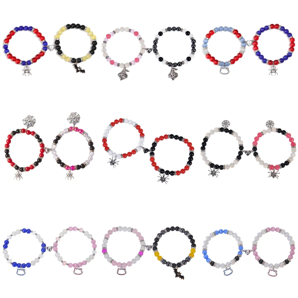 New 2PCS Halloween Mactching Bracelets Women Gothic Spieder Bat Cat Couples Bf Bracelets Beads Macthing Jewelry Festival Gifts