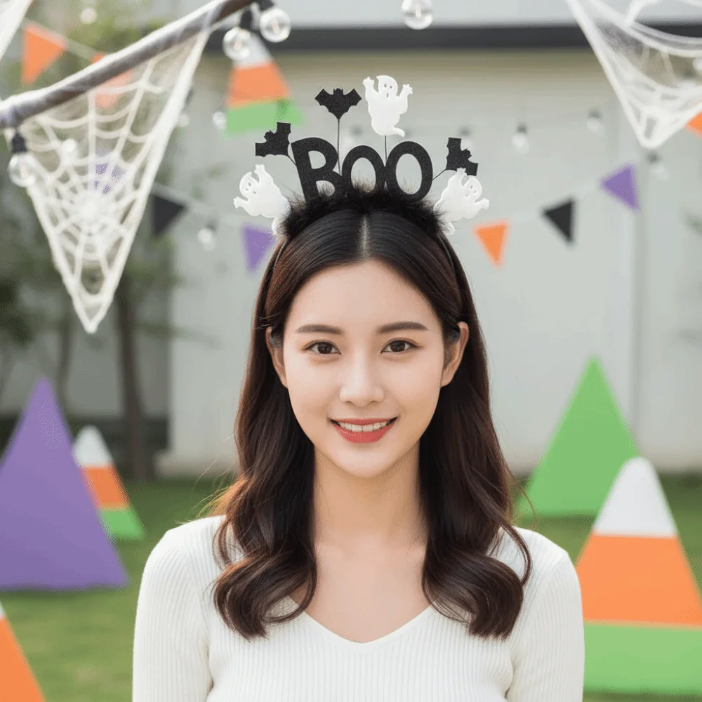 Shiny Glitter Halloween Boo Headband White Ghost Bat Wings Festival Headpiece Fine Details Lightweight Party Hair Accessories