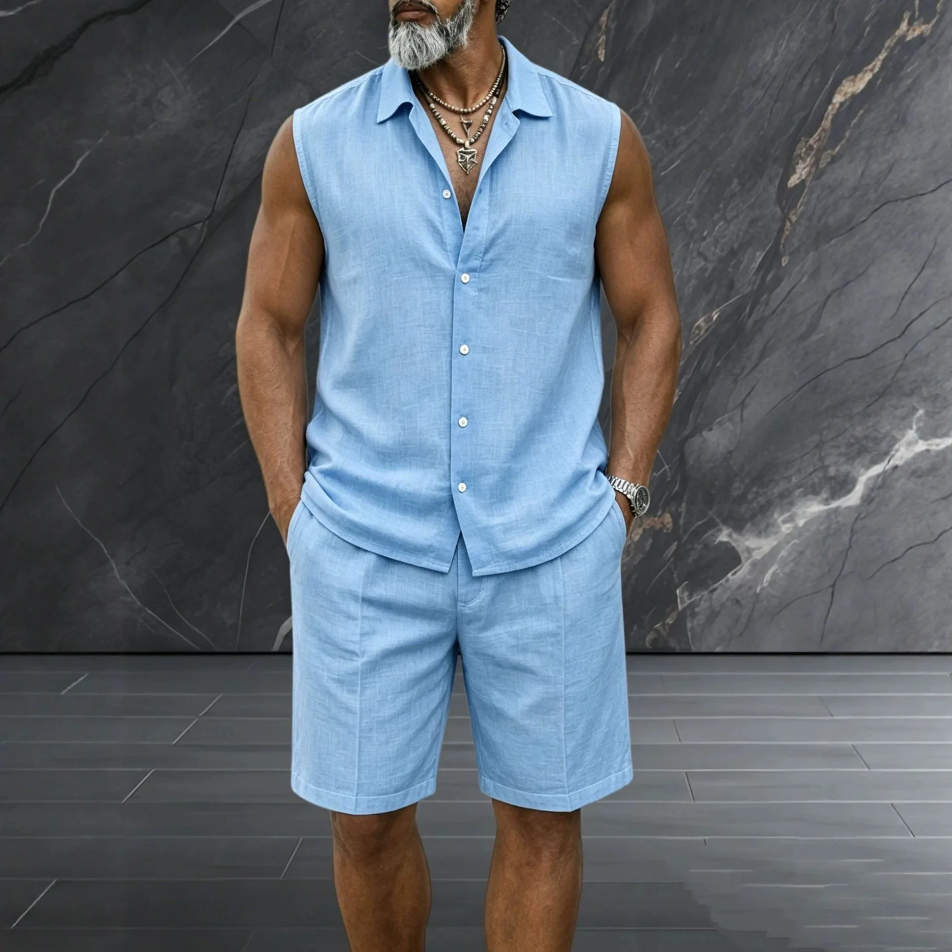 New Summer Men's Linen Outdoor Casual 2-piece Set - Business Casual Short-sleeved Shirt + Shorts Beach Sports Breathable Street