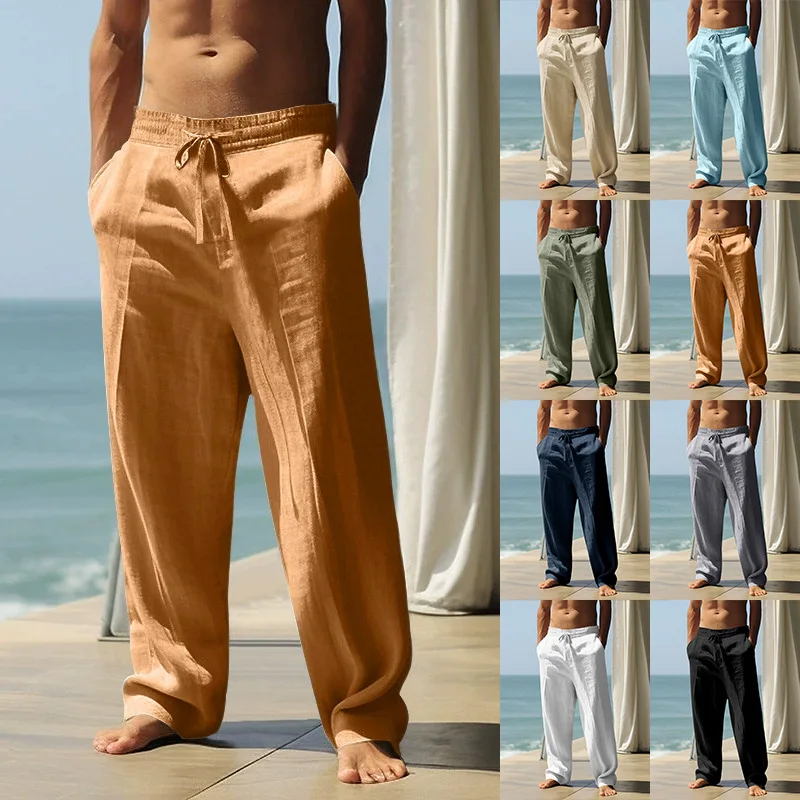 New Men's Beach Pants - Daily Versatile Outdoor Leisure Fitness Simple Cotton Hemp Texture Loose Long Pants for Spring and Summer