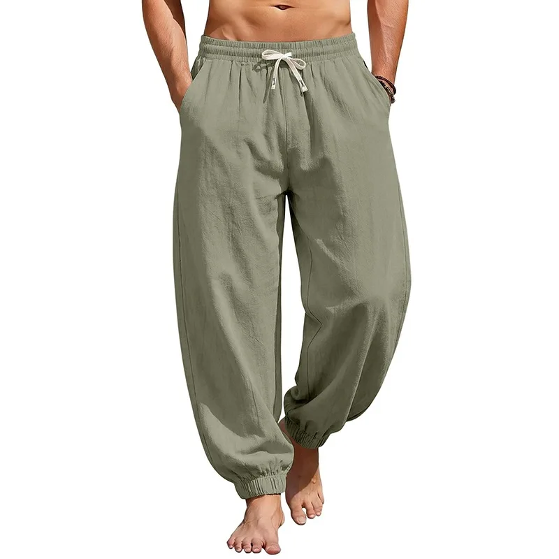 Men Soft Cotton Linen Loose Harem Joggers Drawstring Elastic Waist Ankle Cuffs Breathable Summer Beach Yoga Outdoor Daily Pants