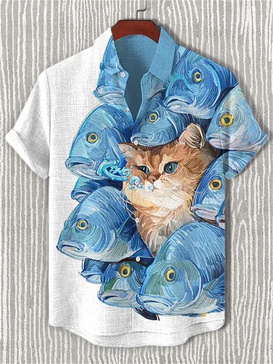 Men's short-sleeved shirt with cat and blue fish print, collared design, casual men's top, outdoor beach Hawaiian shirt.