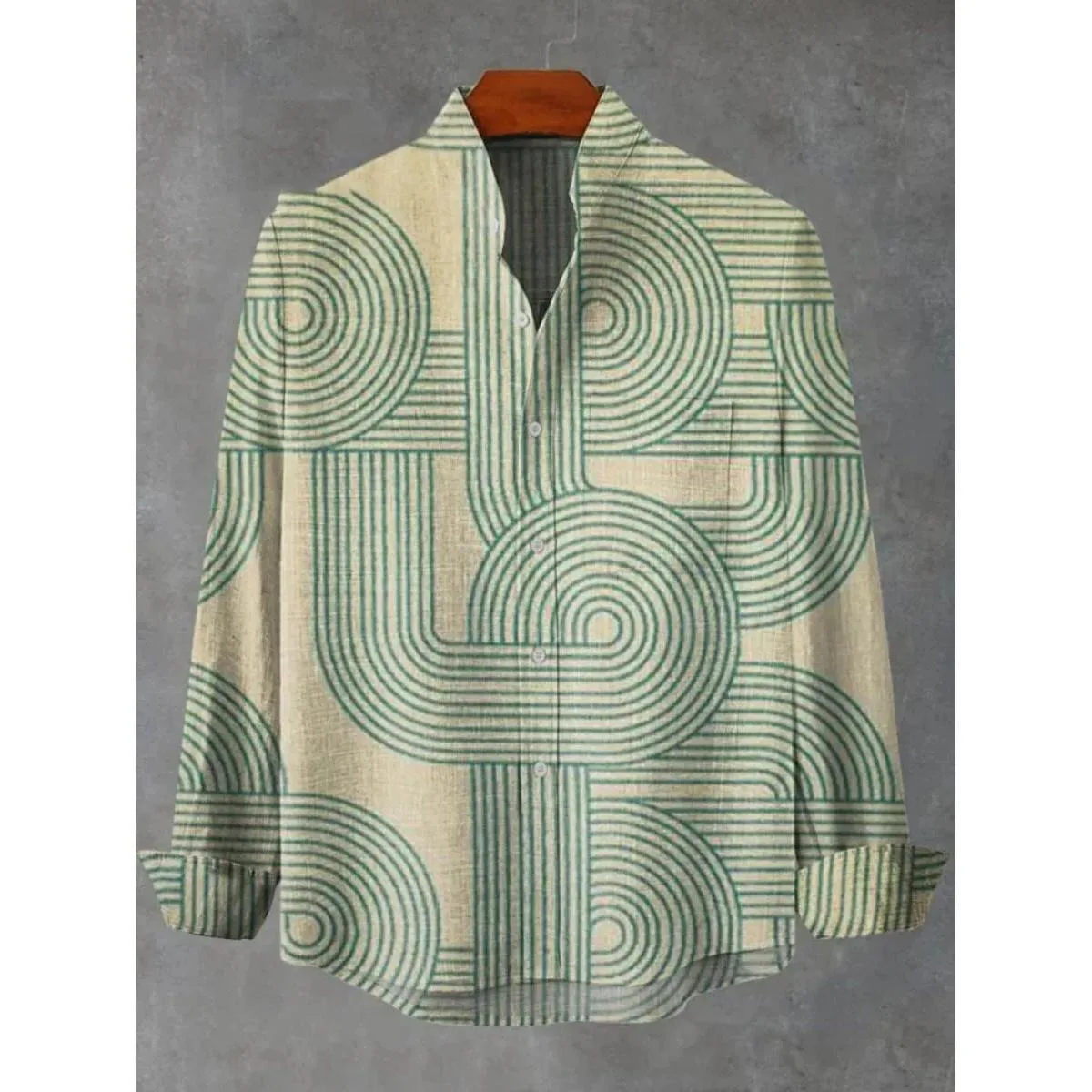 Men's New Linen Breathable Fabric Blooming Color Printed Shirt Retro Ethnic Long-sleeved Narrow Collar Pocket Outdoor Casual Top