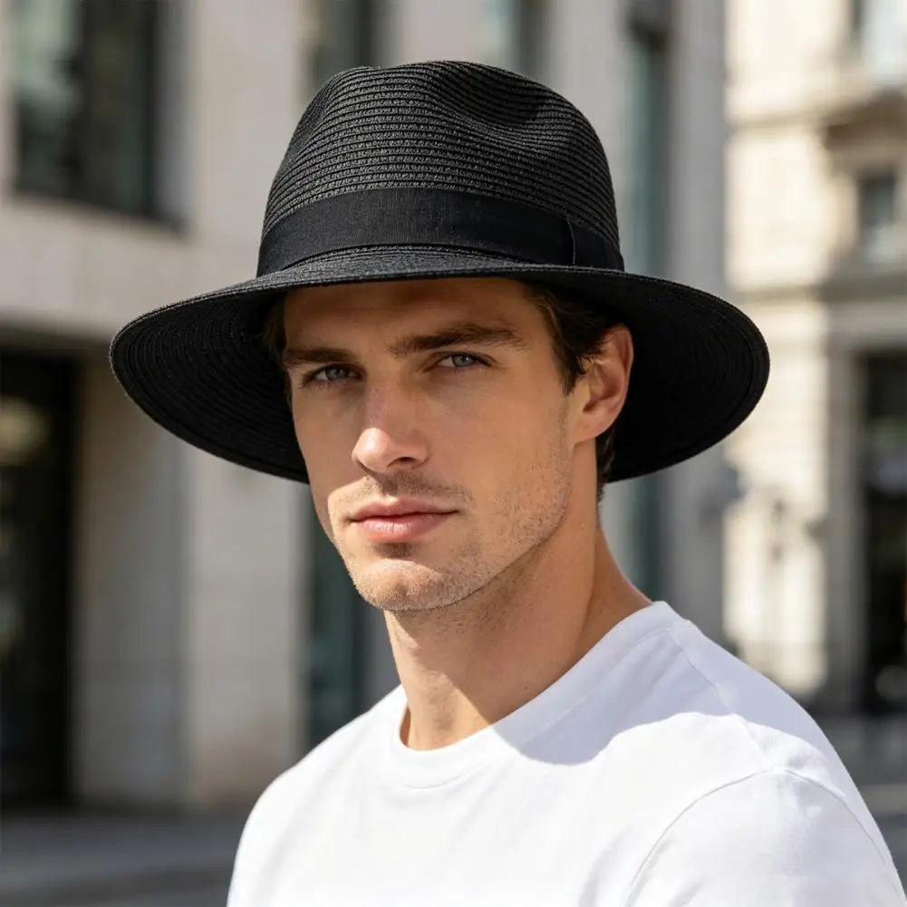 Men Paper Straw Sun Hat, Breathable Wide Brim UV Protection Beach Hat Daily Casual Hat for Outdoor Vacation Travel