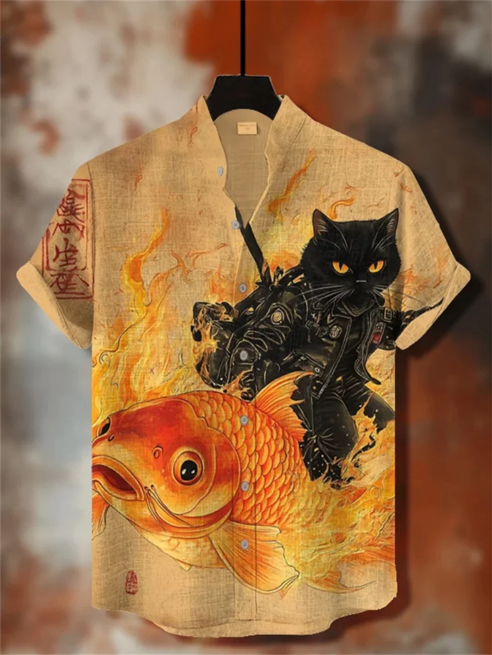 Men's Printed Short Sleeve Shirt Fashionable Casual Outdoor Breathable Linen Stand up Collar for Social Parties
