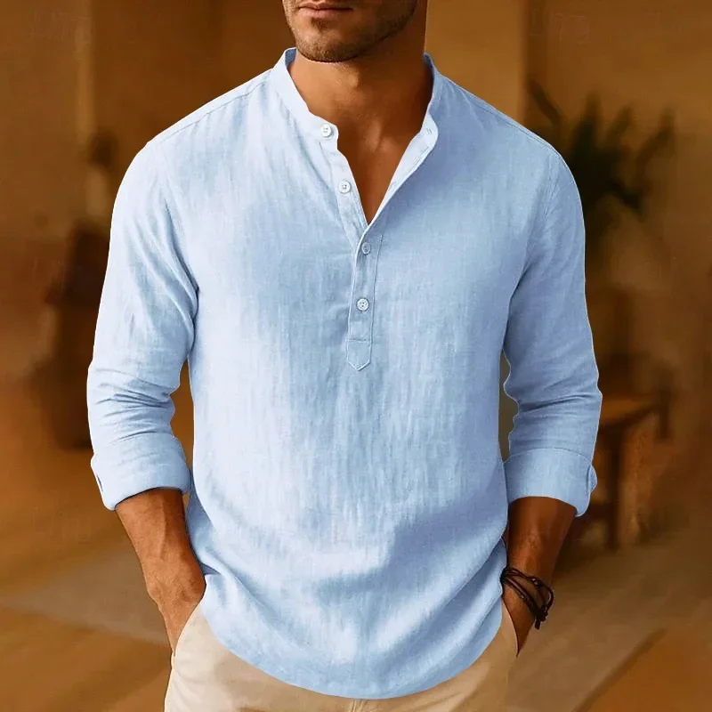 New round neck solid color stand collar pullover long cotton and linen daily wear breathable and comfortable shirt