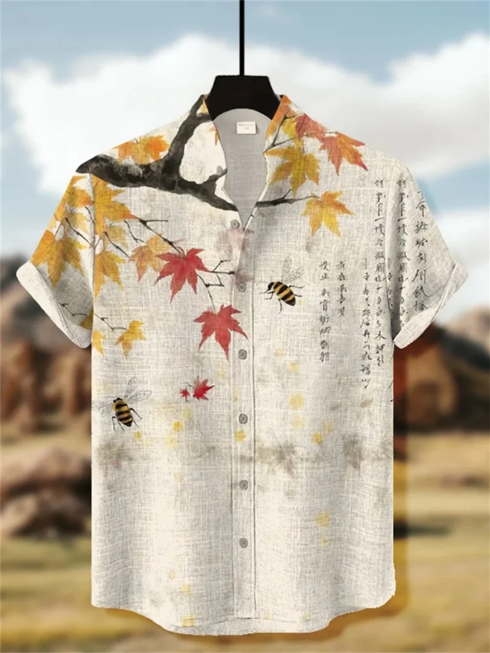 Men's Maple Leaf Printed Short Sleeve Casual Shirt High-Quality Linen Outdoor Fashion Vacation Top with Stand up Collar