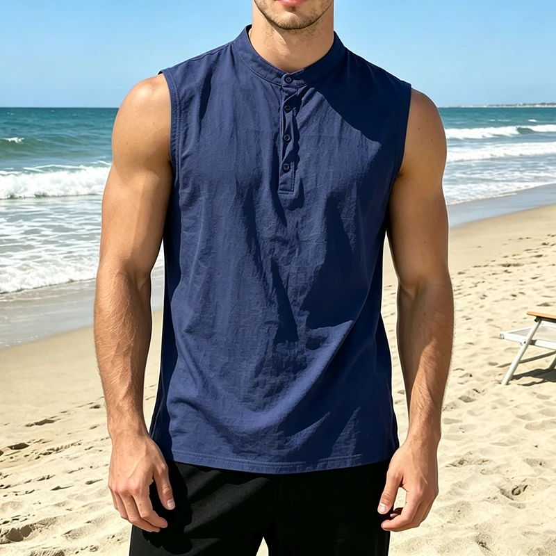 2026 New Men Linen Mandarin Collar Sleeveless Henley Tank Top Loose Fit Beach Resort Travel Daily Outdoor Vacation Casual Vest