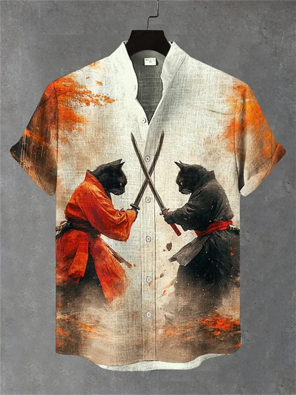 Summer Men's Fashionable Stand up Collar Short Sleeve Linen Shirt Creative Printed Outdoor Street Casual Breathable Shirt