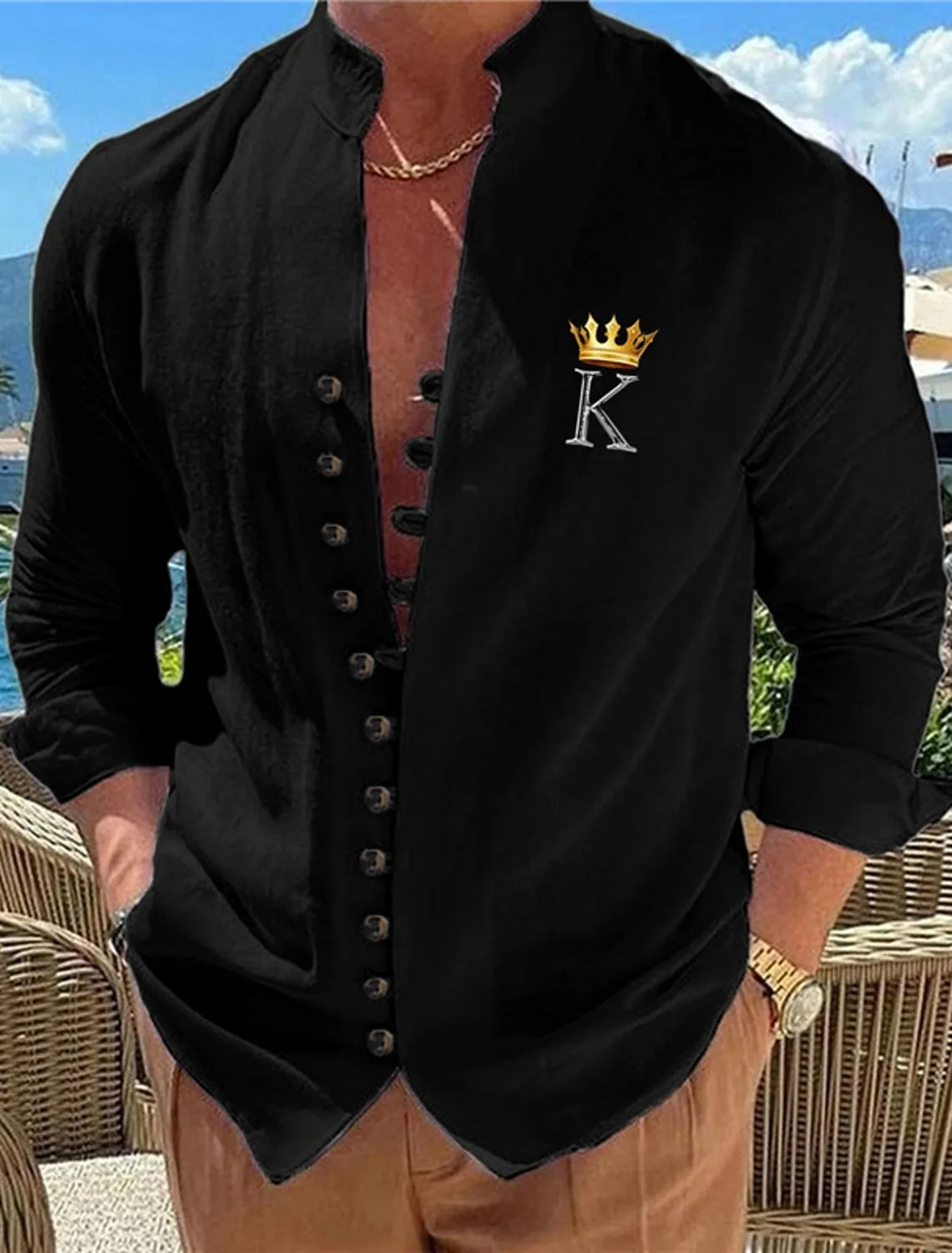 Men's Geometric Pattern Letter King Button Shirt Long Sleeve Fashion Street Wear Outdoor Leisure Autumn Stand up Collar Shirt