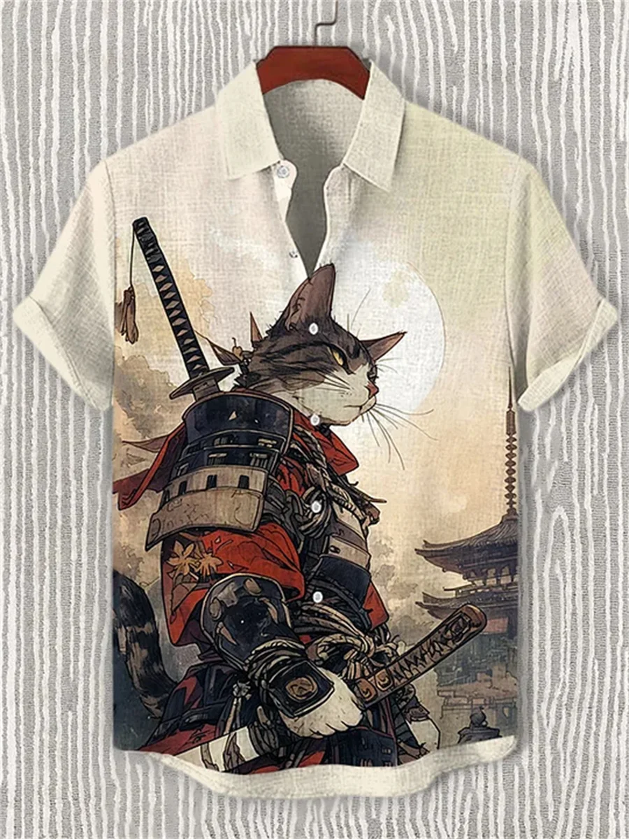 Men's short-sleeved shirt with cat print, collared men's top, outdoor beach casual trendy loose-fitting shirt, Hawaiian shirt.