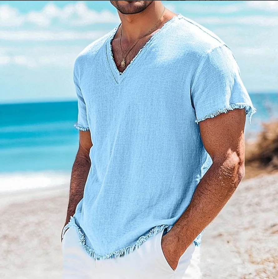 Summer Men's Retro V-neck Cotton Linen Shirts New Hawaii Casual Short Sleeve Beach Shirts Outdoors Personalized Men's T-shirt