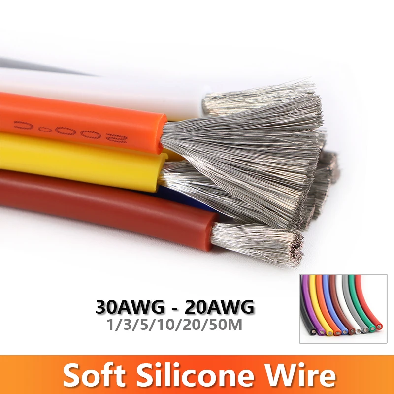 1-50M Soft Silicone Rubber Copper Cable 30 28 26 24 22 20AWG Flexible DIY LED Lighting Wires Electrical Power Cord Car Wires