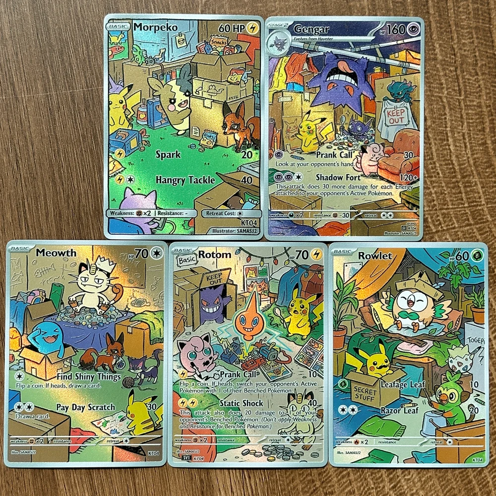 Pokemon PTCG Cards Colored Pencil Art Style Gengar Meowth Rowlet Collection Cards Rare Holo Card Classic Game Card Gift Toys