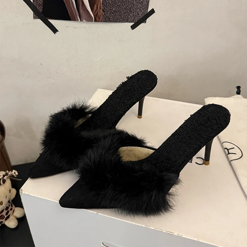 Fur Women High Heels Slippers Pointed Toe Mules Shoes Winter Sandals 2025 Sexy Slingback Dress Shoes New Pumps Mujer Flip Flops