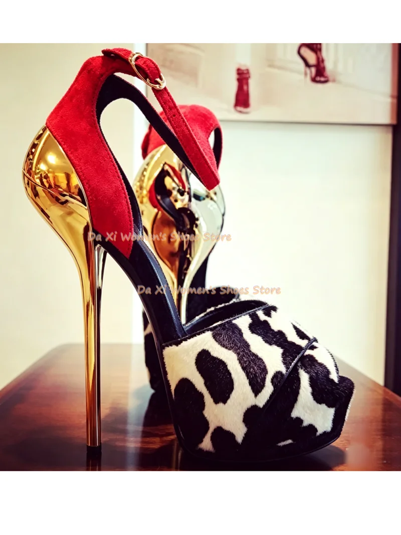 Round Head Open Toes Instep Cow Color Cross Suede Hollow Out Women's Shoes Waterproof Platform  Super High Stilettos Luxurious S